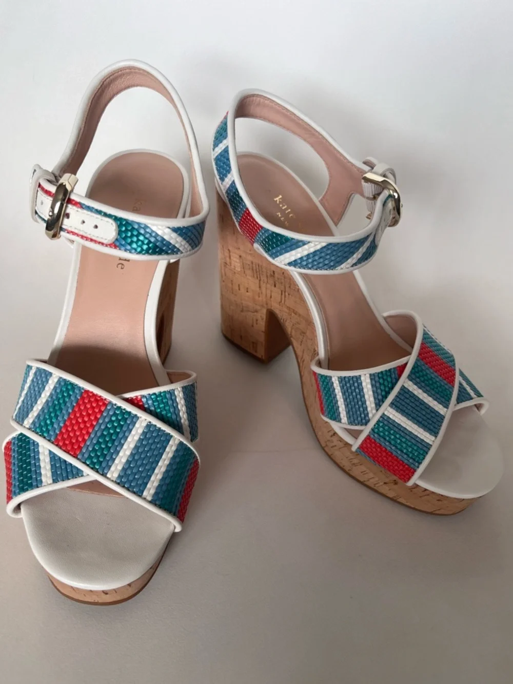 Kate Spade Grace Striped Raffia Platform Sandals w Dust Bag Size 7.5